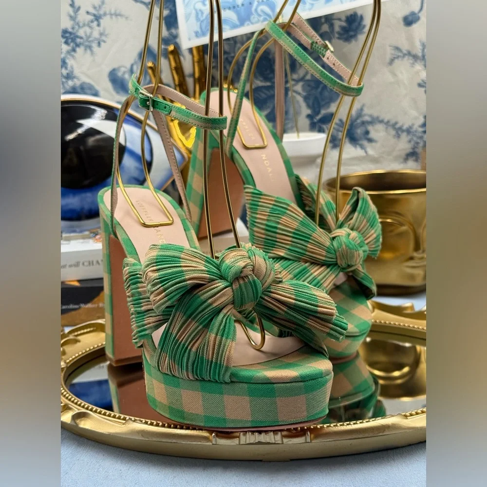 🆕 LOEFFLER RANDALL 🧿 NWOB Natalia Pleated Bow Platform Sandal, Plaid Green Sz7
